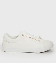 New Look Wide Fit White Leather-Look Lace-Up Trainers